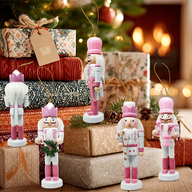 MicoSim Mini Nutcrackers Figures Wooden Christmas Decor, Hanging Nutcracker Ornaments for Xmas Tree, Wood Nut-Crackers Christmas Decorations for Festival Party (Pink, 5PCS) - Image 5